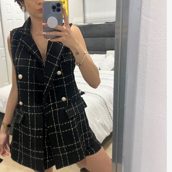 Fall Stylish Plaid Double Breasted Tweed Vest Blazer & Shorts - Picture 2 of 8